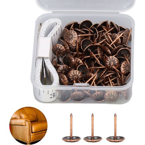 Set mit 100 Messingnägeln für antike Möbel, Möbelnägel, dekorative Innennägel, dekorative Nagelköpfe, Messingnägel für antike Möbel, mit Maßband und bruchsicheren Griffen, rotkupferfarben. (1/5)