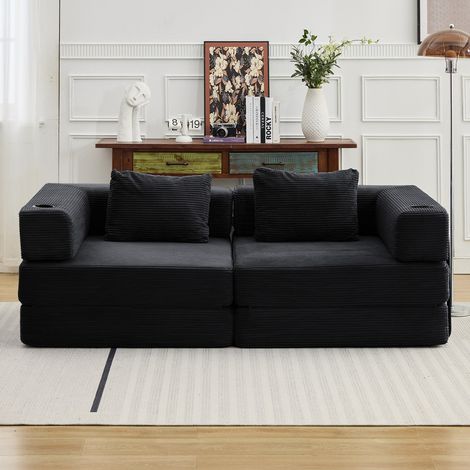 Canapé-lit convertible 200 cm velours côtelé – 2 porte-gobelets, 2 coussins,Noir (1/5)
