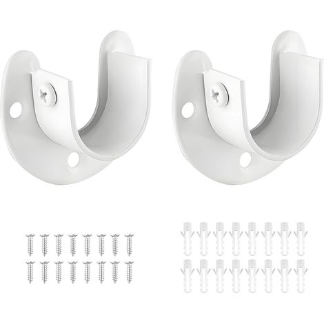 Lot de 2 supports d'embouts de tringle à vêtements en acier inoxydable, 3,4 cm (1-1/3 pouce), robustes, avec bride et vis, en forme de U, blancs. (1/5)