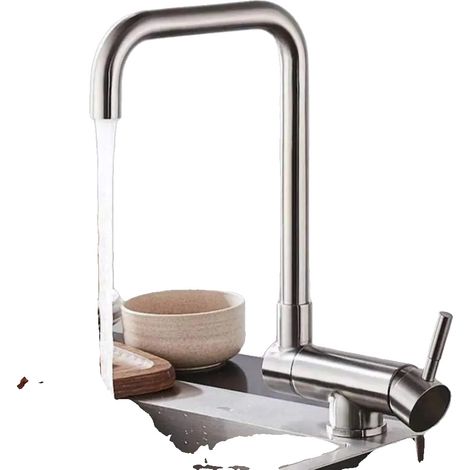 Robinet de cuisine, acier inoxydable SUS304, rotation à 360°, monté sur plan de travail, poignée unique, finition brossée (1/5)