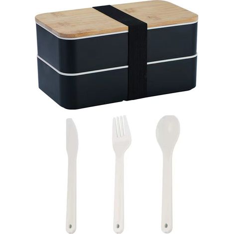 Boîte à lunch à double compartiment avec couvercle en bois - 1200 ml, noire (livrée avec couteau, fourchette et cuillère) (1/5)