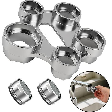 Outil de démontage d'aérateur de robinet 10 en 1  Clé universelle en métal avec 2 aérateurs M24 pour le remplacement des filtres de robinetterie de cuisine et de salle de bain (1/5)