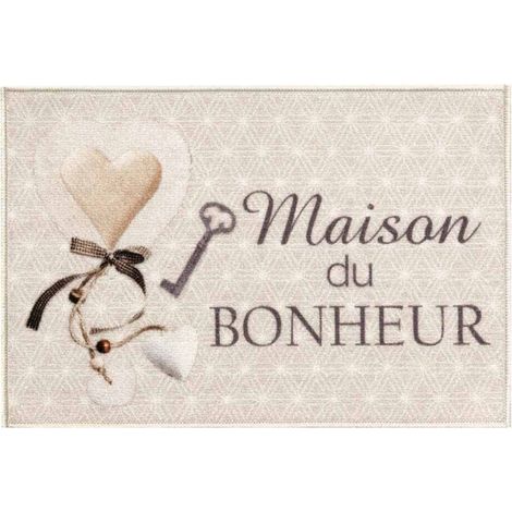 Tapis d'Entrée Imprimé "Happiness" 40x60cm Beige (1/5)