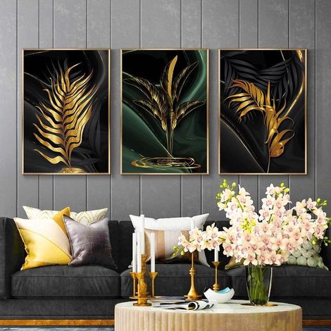 Lot de 3 Toiles Modernes Nordic Dorées 20x30cm, Tableau Décoratif Mural pour Salon Chambre, Impression Artistique Prête à Accrocher (1/5)