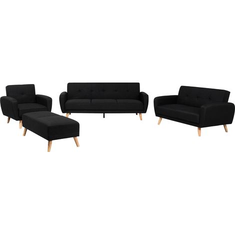Set Soggiorno in Tessuto Nero Divano 3 e 2 Posti 1 Poltrona 1 Pouf Florli
