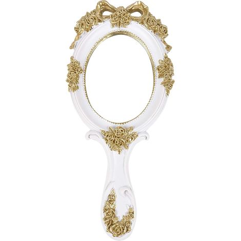 Miroir de toilette portable, miroir de maquillage en métal princesse, décoration ovale en relief rose, poignée exquise rétro de bureau , blanc (1/5)