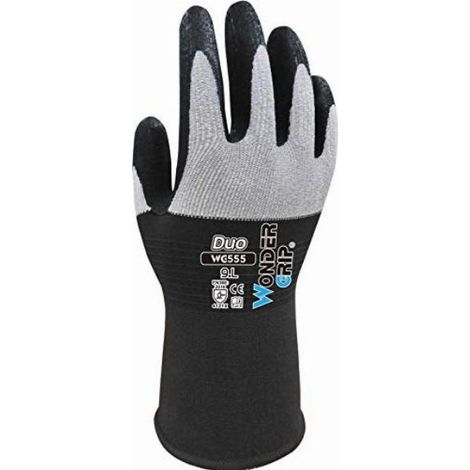 Wonder Grip WG-555 Duo - Guanto da lavoro con materiale in nylon sul dorso della mano, rivestimento in nitrile per una presa extra tecnologia di lavorazione a maglia, XXL / 11, grigio e nero (1/4)