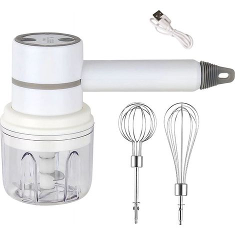 Mixer Alimentaire Sans Fil - 3 Vitesses - Pour Broyage Ail Oeufs Pate - Batterie Rechargeable USB - Blanc