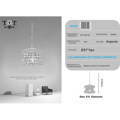 Lampadario sospeso cubo con cristalli lampada luce led attacco E27 oro argento quadrato per camera cucina soggiorno Argento