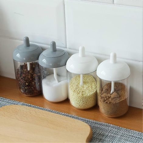 Lot de 2 pots à sucre, à sel et à poivre, en plastique, avec couvercle et cuillère (gris) (1/4)