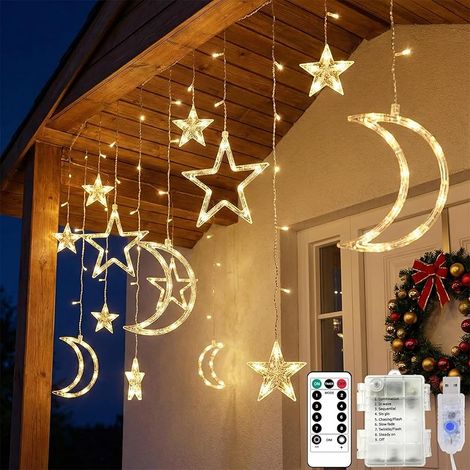 Guirlande lumineuse Ramadan - 3,5 m - 138 LED - Motif lune et étoiles - Fonctionne avec piles - USB - Avec minuterie et télécommande - 8 modes d'éclairage décoratif pour Ramadan, Noël, mariage, balcon (1/5)