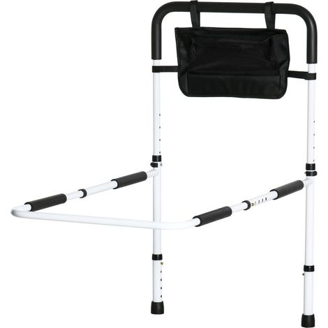 Barre d'appui lit sur pieds protection réglable 5 hauteurs pochette rangement 52 x 85-95 x 71-102 cm blanc noir (1/5)
