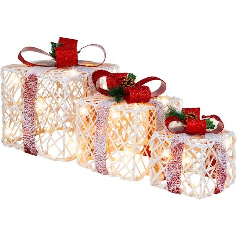 COSTWAY Juego de 3 Cajas, Cajas Decorativas con Lazos Rojos, 60 Luces Cálidas y Función de Temporizador de 6 Horas, Decoraciones Navideñas de Interior y Exterior para Hogar, Patio (1/5)