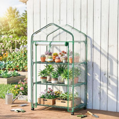 Mini serre de jardin avec 3 étagères. bâche PVC haute densité. porte enroulable 4 roulettes 69 x 49 x 130 cm transparent