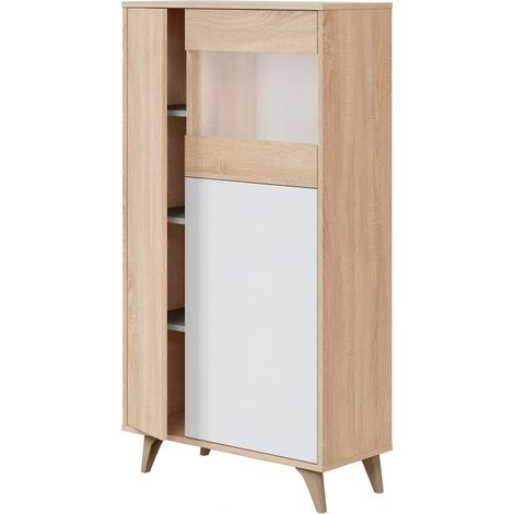 Credenza Con Vetrina Moderna Mobile contenitore Con Ripiani Interni In Truciolare Melaminico Ideale Per Soggiorno Sala Da Pranzo E Studio 77 x 33 x 142 Cm Bianco E Rovere