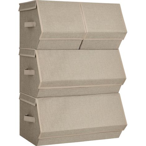 Boîte de rangement avec couvercle, lot de 4 organisateurs pour placard, empilable, boîte pliante avec fermeture magnétique, en tissu, beige (1/5)