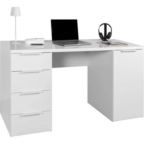 Schreibtisch mit 4 Schubladen und 1 Tür in weiß lackiert 146x60x75