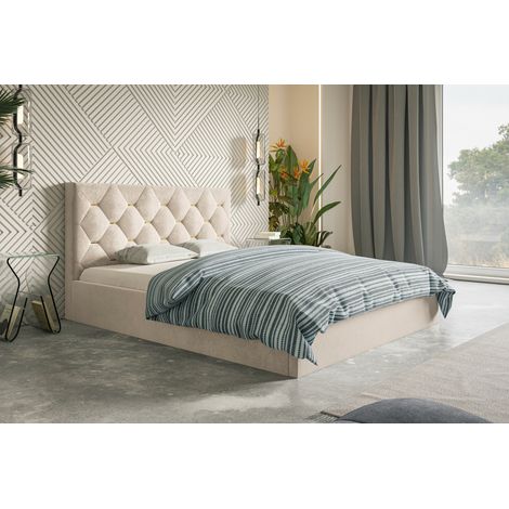 Lit double 180x200 Balma - Lit double avec Tiroir de Lit - sommier à lattes & accessoires dorés sur la tête de lit (Beige - Jasmine 21)