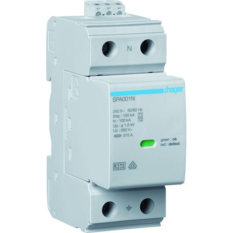 Parafoudre T1+T2 1P N-PE 100kA cont+fus - HAGER SPA180N