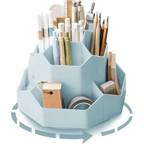 Porte-crayons rotatif, organiseur de bureau 9 compartiments, grande capacité améliorée 360° rotation, idéal pour ranger stylos, crayons de couleur et fournitures diverses (Bleu) (1/5)