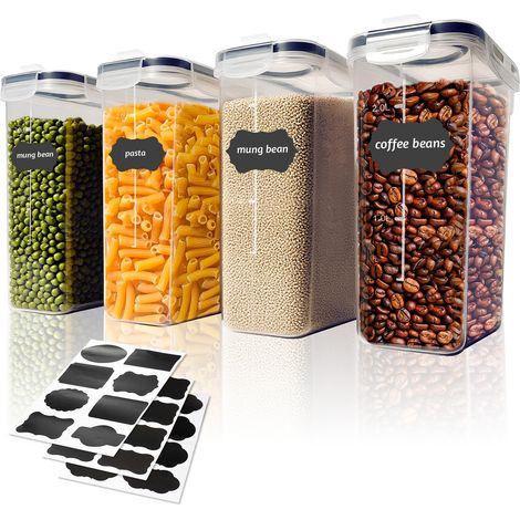 Boite Rangement Cuisine, 4L Boite Hermetique Alimentaire, 4 Boîtes Alimentaires Plastique Sans BPA avec Couvercles, Bocaux de Organisation avec 24 Étiquette pour Céréales Farine Aliments Secs (1/4)