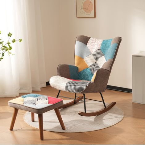 Chaise à bascule patchwork colorée avec repose-pieds, 69,5 x 50 x 88,5 cm (1/5)