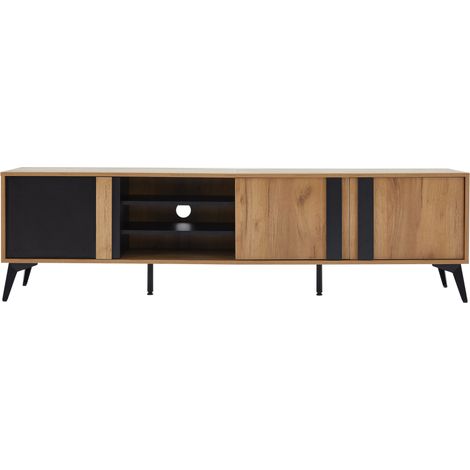 Meuble TV rustique en panneaux de particules et métal 180 cm pour écran jusqu'à 80 pouces, noir et brun (1/5)