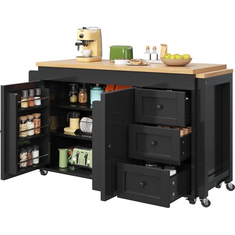 Îlot de cuisine extensible noir 116-179,5 cm, îlot central sur roulettes avec 3 tiroirs, armoire et étagères latérales (1/5)
