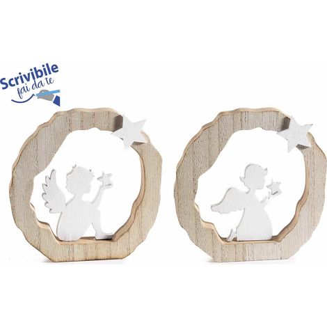 Decorazioni natalizie in legno da appoggiare con angioletto e stella, scrivibili fai da te, set da 14 pezzi, cm 11,5 x 2 x 12 H