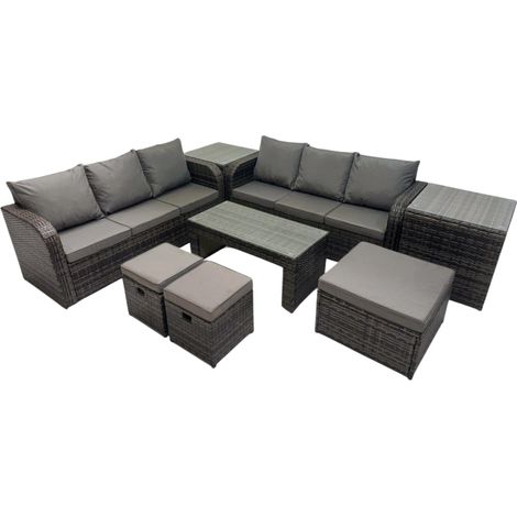 Fimous Rattan Garden Outdoor Furniture Set 3 Seater Sofa Coffee Table with 3 Footstools 2 Side Tables Dark Grey Mixed (1/5)