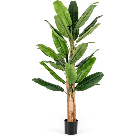 COSTWAY Albero di Banana Artificiale Alto 165/195 cm, Albero di Banana Finto con 10/27 Grandi Foglie, Steli Doppi/Triplici e Corteccia Naturale, Pianta in Vaso da Interno (195 cm) (1/5)