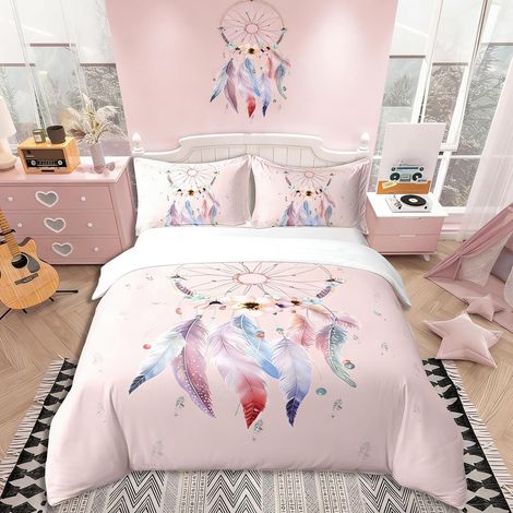 Parure de lit Attrape-rêves pour Filles - Parure de lit bohème - Literie Florale pour Enfants - Plume colorée - Rose - Couvre-lit léger Housse de Couette 240x260cm 100% Coton - 260 x 240 cm + 2 taies (1/5)