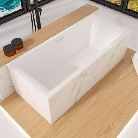 ECOLAM Badewanne Heaven Slim 160x75 cm  niedriger Rand moderne Wanne Rechteck Top QUALITÄT Acrylwanne I Ablauf Click Clack weiß Füße Silikon Design (1/5)