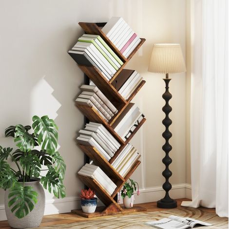 Libreria a 9 ripiani da terra, design ad albero, legno marrone rustico DESVIAE (1/5)