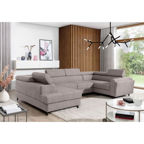 Canapé panoramique convertible SKADA tissu – Rangement et appuis-têtes réglables à gauche-Taupe-Coffre à gauche (1/5)