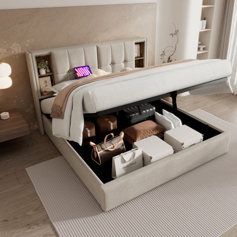 Doppelbett 160x200 mit Stauraum und Kabellosem Laden, Polsterbett aus Leinen mit USB-C, Bettgestell inklusive Lattenrost, Natürlich (1/5)