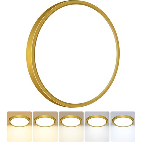 Plafonnier LED, 18W 1800LM Luminaire Plafonnier Salle de Bain, IP54 Etanche & 5 Couleurs(3000K/3500K/4000K/5000K/6500K), Lampe Plafond Rond pour Cuisine, Chambre, Couloir, Garage Doré (1/5)