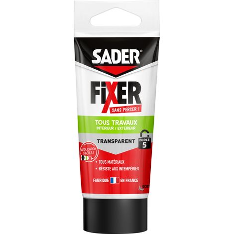Sader FIXER Sans Percer Tous Travaux Intérieur/Extérieur Transparent - Mastic Colle Hybride, Collage Puissant, Tous Matériaux, Peut se Peindre, Tube 50g (1/5)