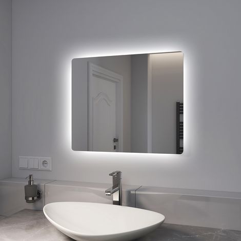 EMKE Miroir lumineux de salle de bain Rétro-éclairé avec Interrupteur à bouton, Anti-buée, deux couleurs claires 60x50 cm Lumière Blanche Froide/Chaude (1/5)