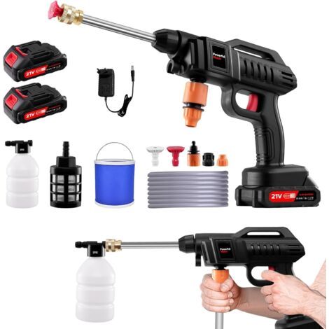 Nettoyeur haute pression sans fil, 1500 W, 21 V, 60 bar, portable, avec 2 batteries, buse réglable 3 en 1, tuyau de 5 m, seau pour balcon, voiture Noir - (1/5)