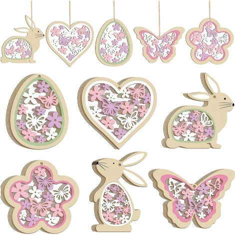 24PCS Décoration Pâques à Suspendre en Bois Lapin Œuf Fleur Papillon Décoration Printemps Décoration Pâques Maison-Rose (1/5)