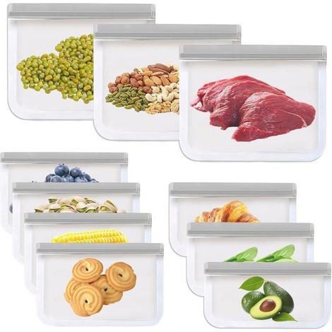 Sacchetti riutilizzabili per alimenti - Confezione da 10 - Silicone senza BPA - 22×12 cm - 22×19 cm - 27×27,5 cm - Richiudibili (1/5)
