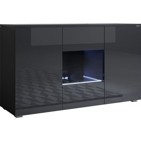 Credenza con piedini 2cm 2 ante Luce LED Madia Moderna Mobile Sala da Pranzo 120x72x40cm Modello Luke A2 Nero Finitura Lucida