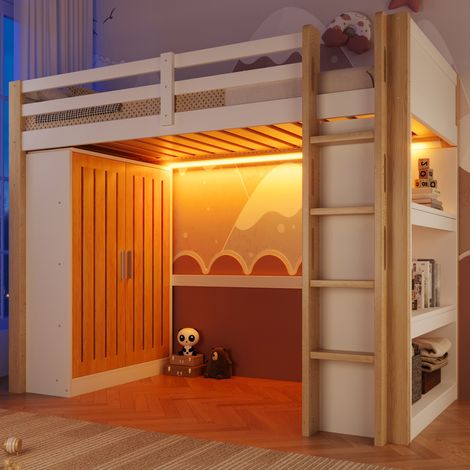 Seyakany Lit mezzanine avec éclairage LED, armoire,Lit superposé avec étagère et bureau,cadre de lit en Pin,sans matelas(blanc et naturel,90x200cm)