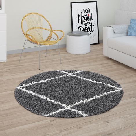 Paco Home Alfombra Pelo Largo Salón Shaggy Diseño Rombos Escandinavo, Moderna Gris Oscuro Ø 200 cm redondo