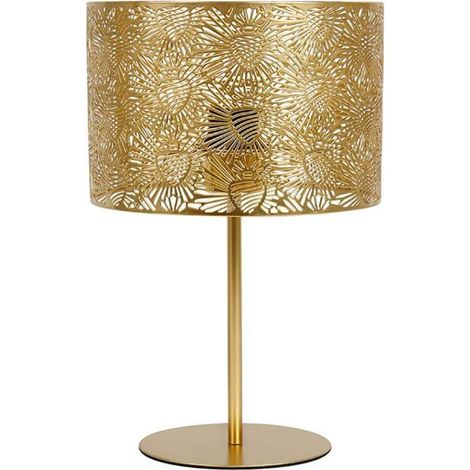 Lampe à poser métal dorée 35 cm – Douille E27 – Puissance max. 40W – Abat-jour motifs floraux – Longueur cordon 180 cm – Ostaria (1/4)