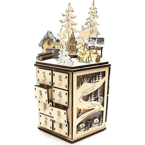 Weihnachtlicher Adventskalender aus Holz mit 24 Schubladen, LED-Beleuchtung, Drehfunktion und Musik – Dekoration für Partys
