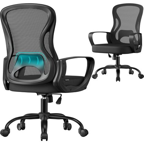 Chaise de Bureau Ergonomique Pivotante, en Maille, Fauteuil de Bureau, Soutien Lombaire, Fonction Basculante, Accoudoirs, pour Chambre, Noir d'encre (1/5)