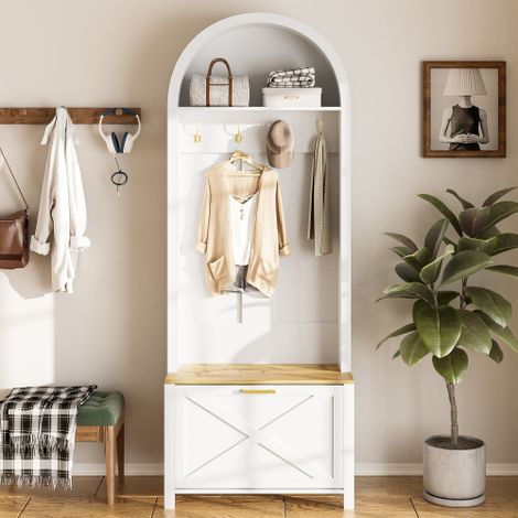 Armoire de rangement en structure MDF et pieds en fer résistants, combine range-chaussures, étagère et crochets, porte-manteau design moderne pour entrée (1/3)