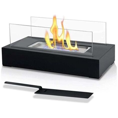 Cheminée bioéthanol，Cheminée Éthanol de Table - Portable,Réctangulaire, Noir, en Acier Inoxydable, 2 Panneaux en Verre, pour Intérieur/Extérieur - Poêle Bioéthanol, à Poser au Sol, Mobile (1/4)